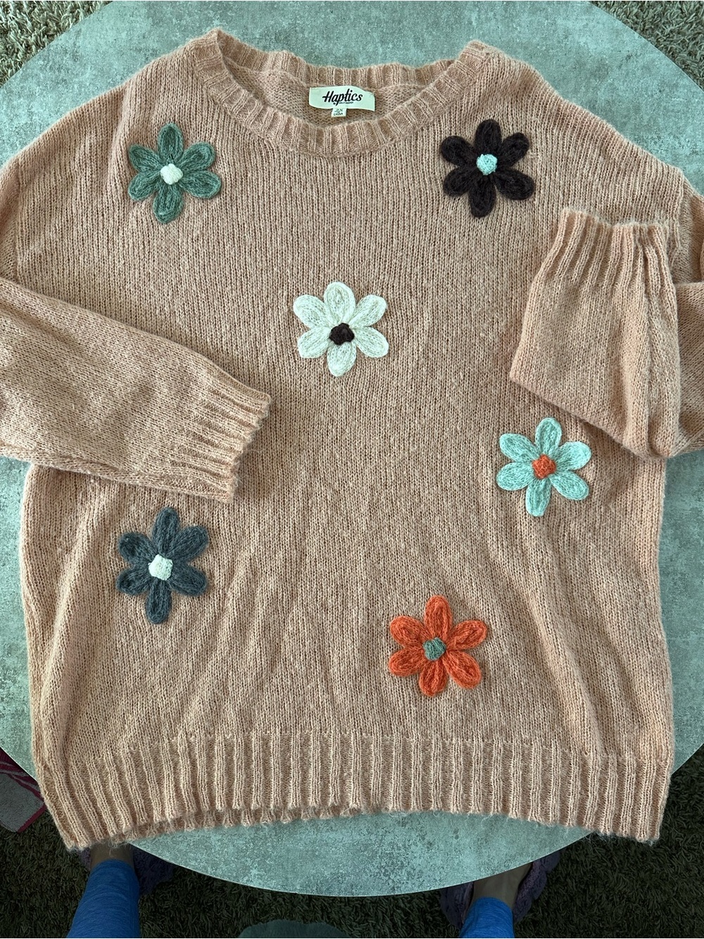 Haptics Peach Crewneck Sweater with Floral Appliqués